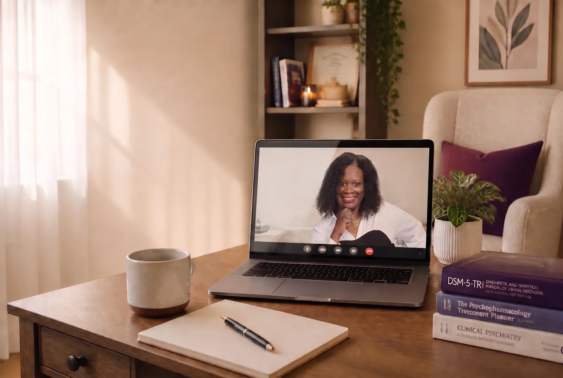 Queela Tadoum, PMHNP-BC, smiling during a secure telehealth psychiatry video visit on a laptop in a calm, sunlit home office.